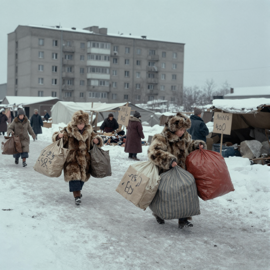 Провинциальный рынок 1995 года, женщины с сумками на фоне общежития